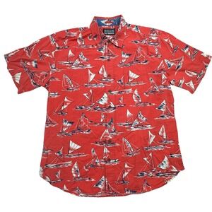 Reyn Spooner Shirt Mens XL Red Sailboat Print Button Up Hawaiian Aloha Summer